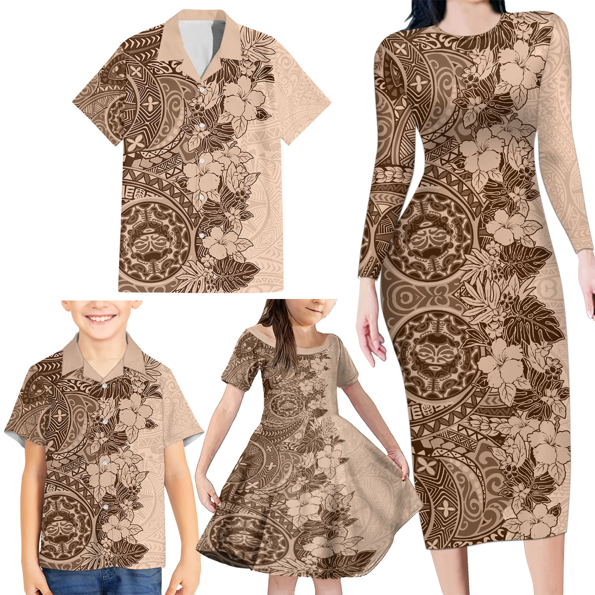 Polynesia Family Matching Long Sleeve Bodycon Dress and Hawaiian Shirt Hibiscus and Hawaiian Tribal Tattoo Retro Style Pink Pastel LT9 - Polynesian Pride