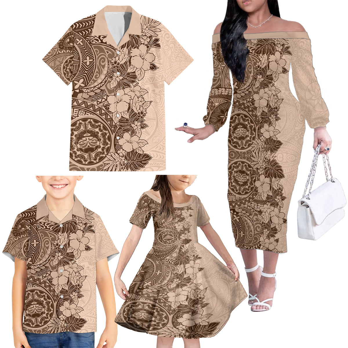 Polynesia Family Matching Off Shoulder Long Sleeve Dress and Hawaiian Shirt Hibiscus and Hawaiian Tribal Tattoo Retro Style Pink Pastel LT9 - Polynesian Pride