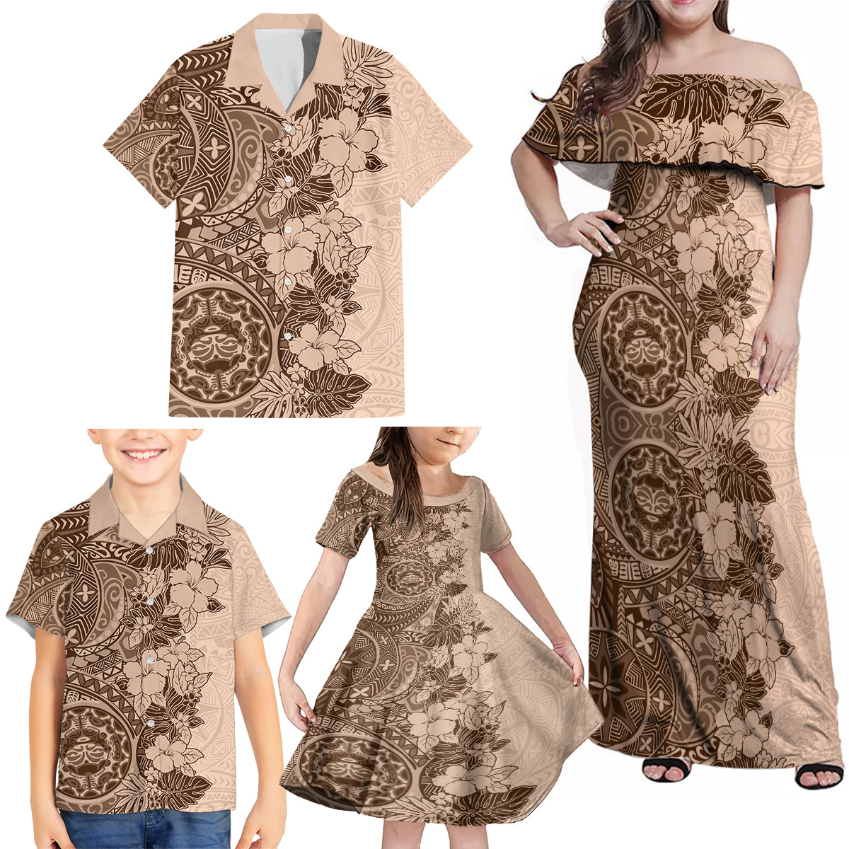 Polynesia Family Matching Off Shoulder Maxi Dress and Hawaiian Shirt Hibiscus and Hawaiian Tribal Tattoo Retro Style Pink Pastel LT9 - Polynesian Pride