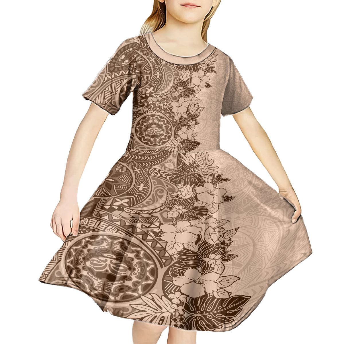 Polynesia Kid Short Sleeve Dress Hibiscus and Hawaiian Tribal Tattoo Retro Style Pink Pastel LT9 - Polynesian Pride