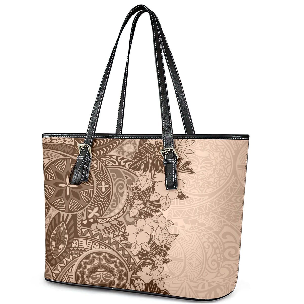 Polynesia Leather Tote Bag Hibiscus and Hawaiian Tribal Tattoo Retro Style Pink Pastel LT9 - Polynesian Pride