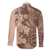 Polynesia Long Sleeve Button Shirt Hibiscus and Hawaiian Tribal Tattoo Retro Style Pink Pastel LT9 - Polynesian Pride