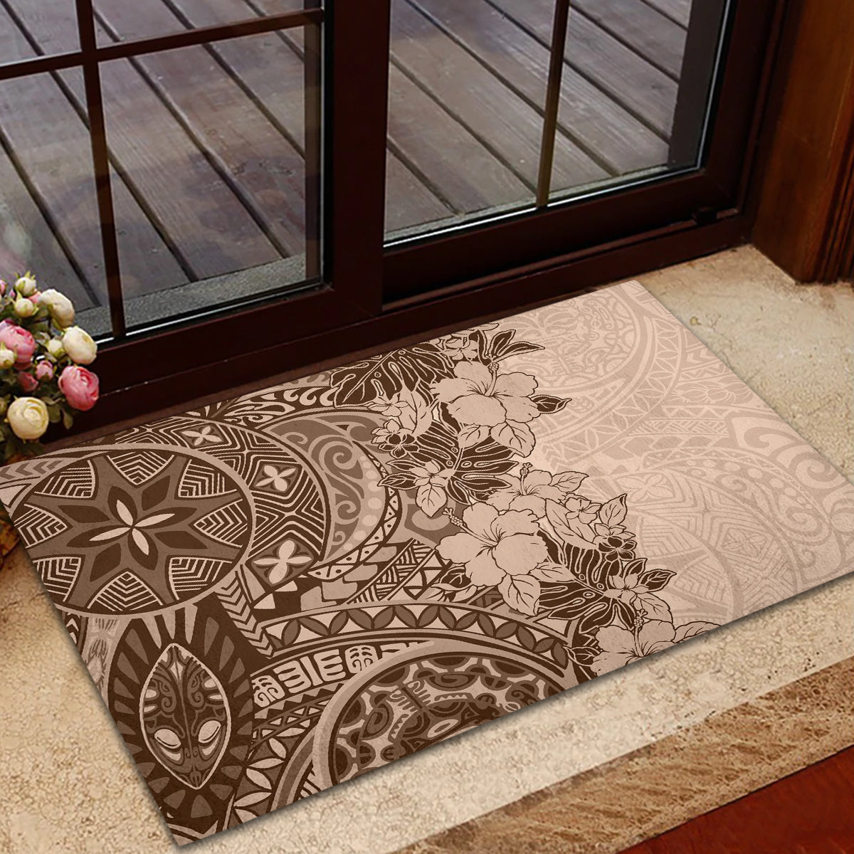 Polynesia Rubber Doormat Hibiscus and Hawaiian Tribal Tattoo Retro Style Pink Pastel LT9 - Polynesian Pride