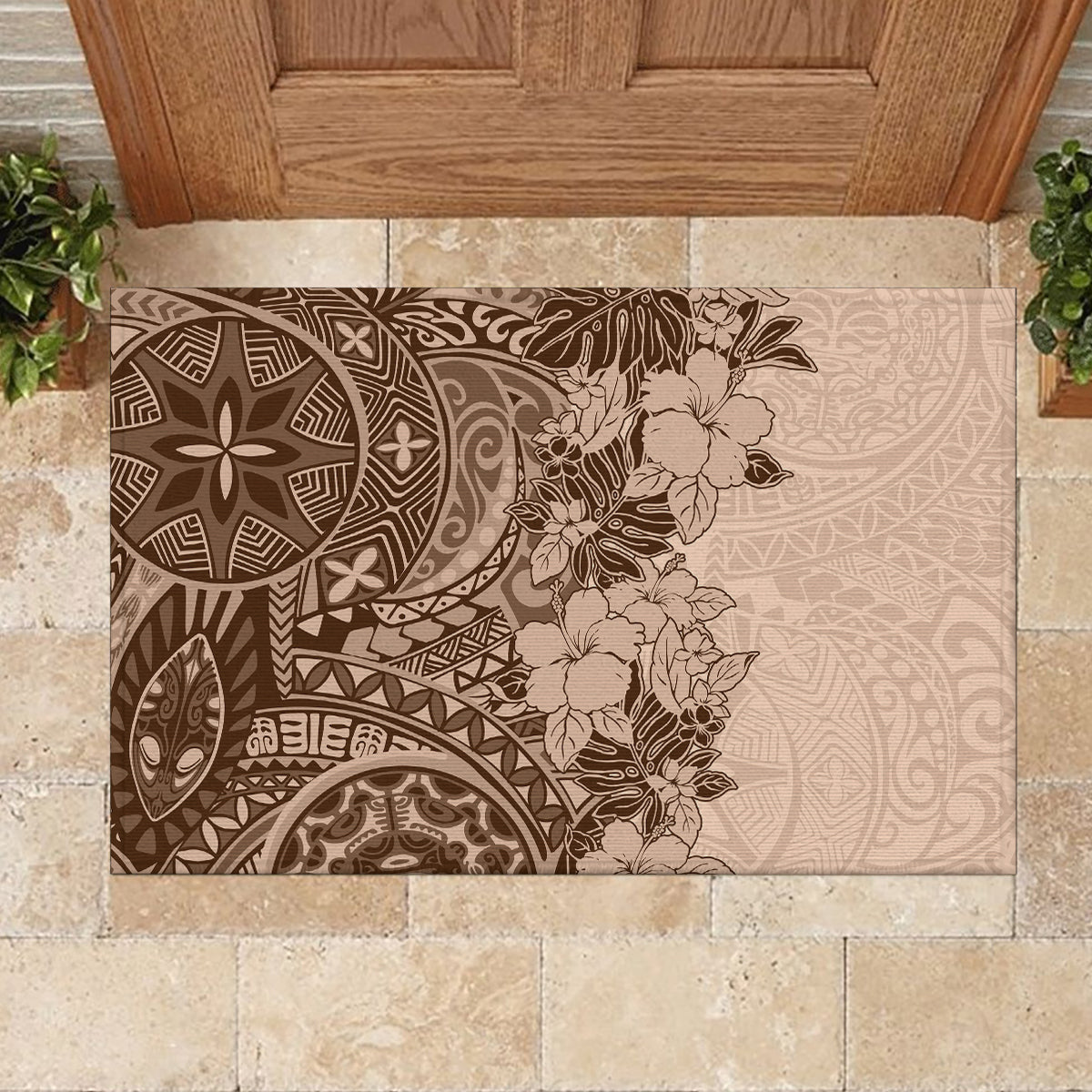 Polynesia Rubber Doormat Hibiscus and Hawaiian Tribal Tattoo Retro Style Pink Pastel LT9 - Polynesian Pride