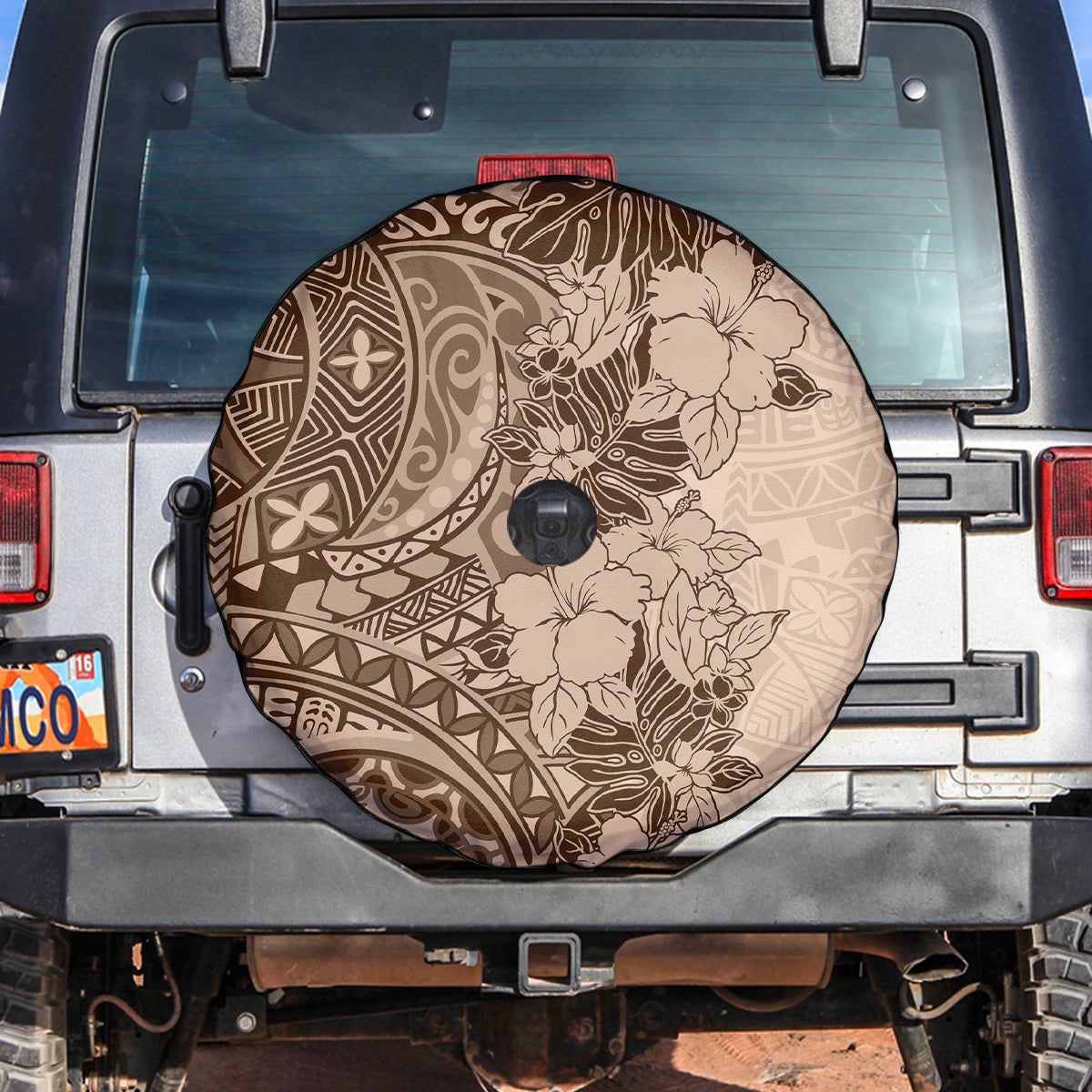 Polynesia Spare Tire Cover Hibiscus and Hawaiian Tribal Tattoo Retro Style Pink Pastel LT9 - Polynesian Pride