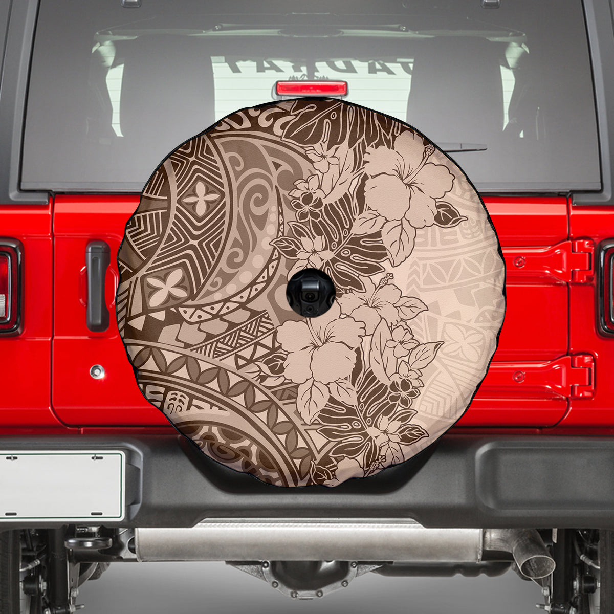 Polynesia Spare Tire Cover Hibiscus and Hawaiian Tribal Tattoo Retro Style Pink Pastel LT9 - Polynesian Pride