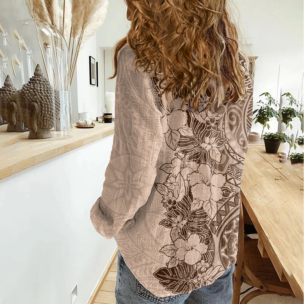 Polynesia Women Casual Shirt Hibiscus and Hawaiian Tribal Tattoo Retro Style Pink Pastel LT9 - Polynesian Pride