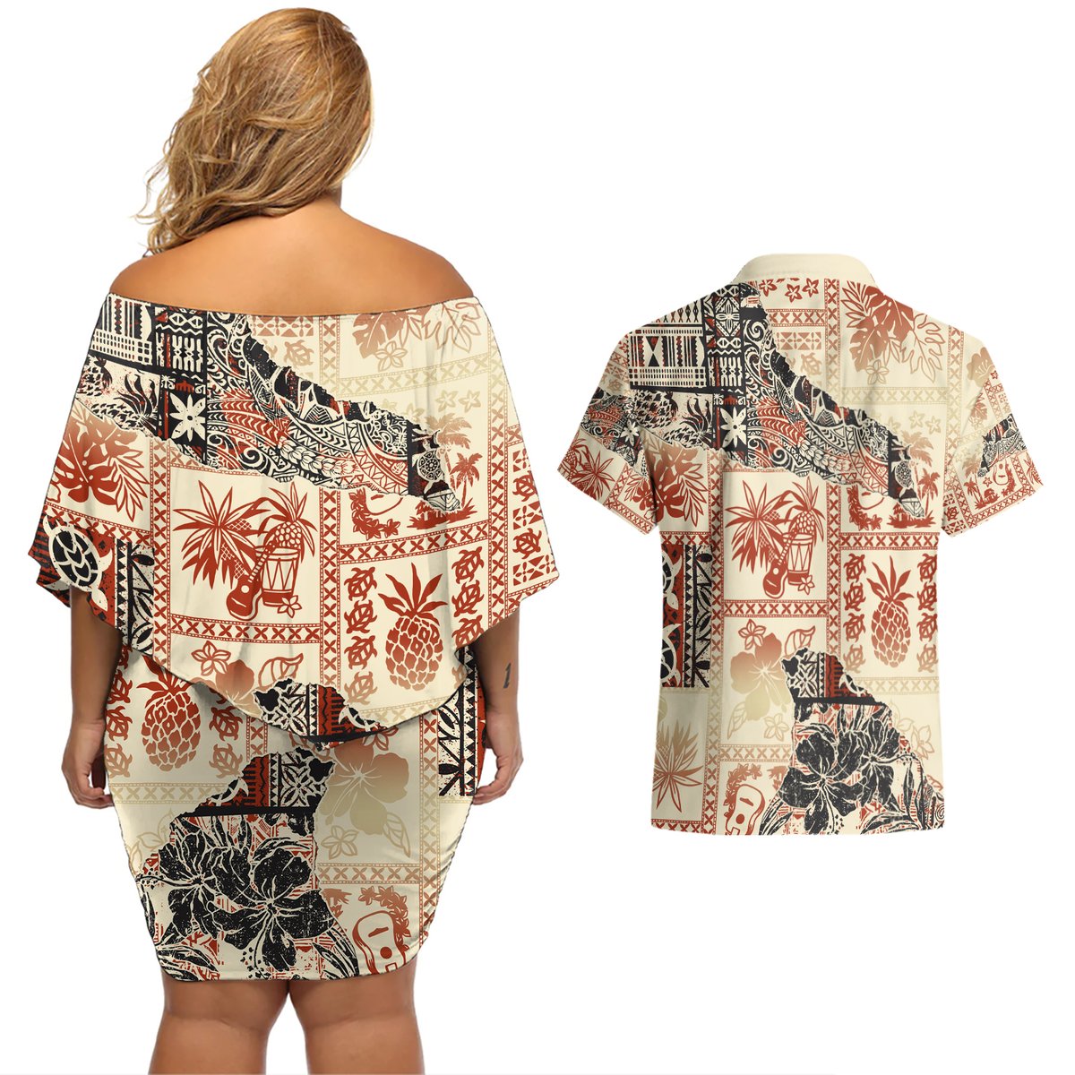 Hawaii Couples Matching Off Shoulder Short Dress and Hawaiian Shirt Aloha Tribal Pattern Beige Version LT9 - Polynesian Pride