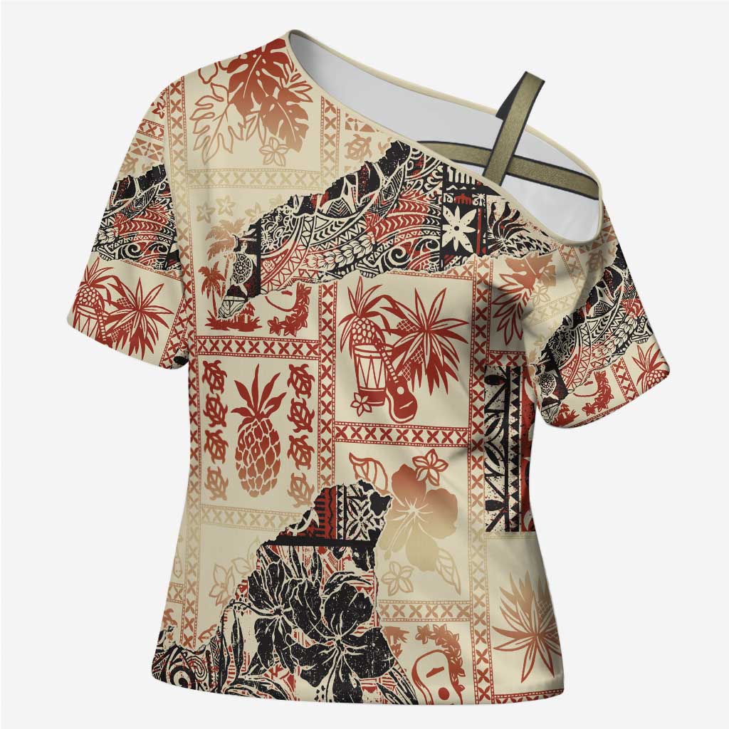 Hawaii Beige Version Cross Shoulder Shirt Aloha Tribal Pattern LT9 Female Beige - Polynesian Pride