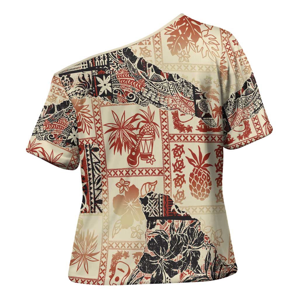 Hawaii Beige Version Cross Shoulder Shirt Aloha Tribal Pattern LT9 - Polynesian Pride
