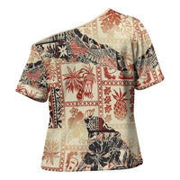 Hawaii Beige Version Cross Shoulder Shirt Aloha Tribal Pattern LT9 - Polynesian Pride