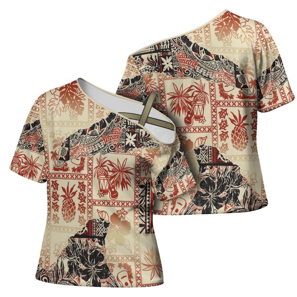 Hawaii Beige Version Cross Shoulder Shirt Aloha Tribal Pattern LT9 - Polynesian Pride