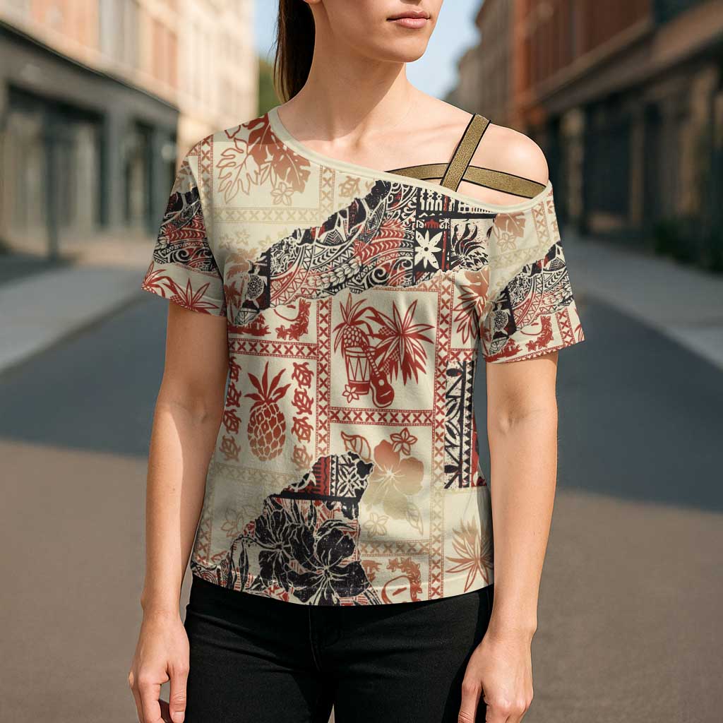 Hawaii Beige Version Cross Shoulder Shirt Aloha Tribal Pattern LT9 - Polynesian Pride