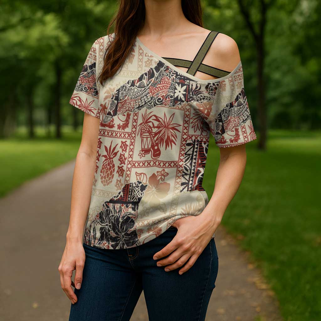 Hawaii Beige Version Cross Shoulder Shirt Aloha Tribal Pattern LT9 - Polynesian Pride