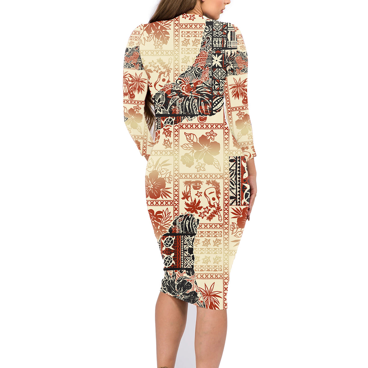 Hawaii Family Matching Long Sleeve Bodycon Dress and Hawaiian Shirt Aloha Tribal Pattern Beige Version LT9 - Polynesian Pride