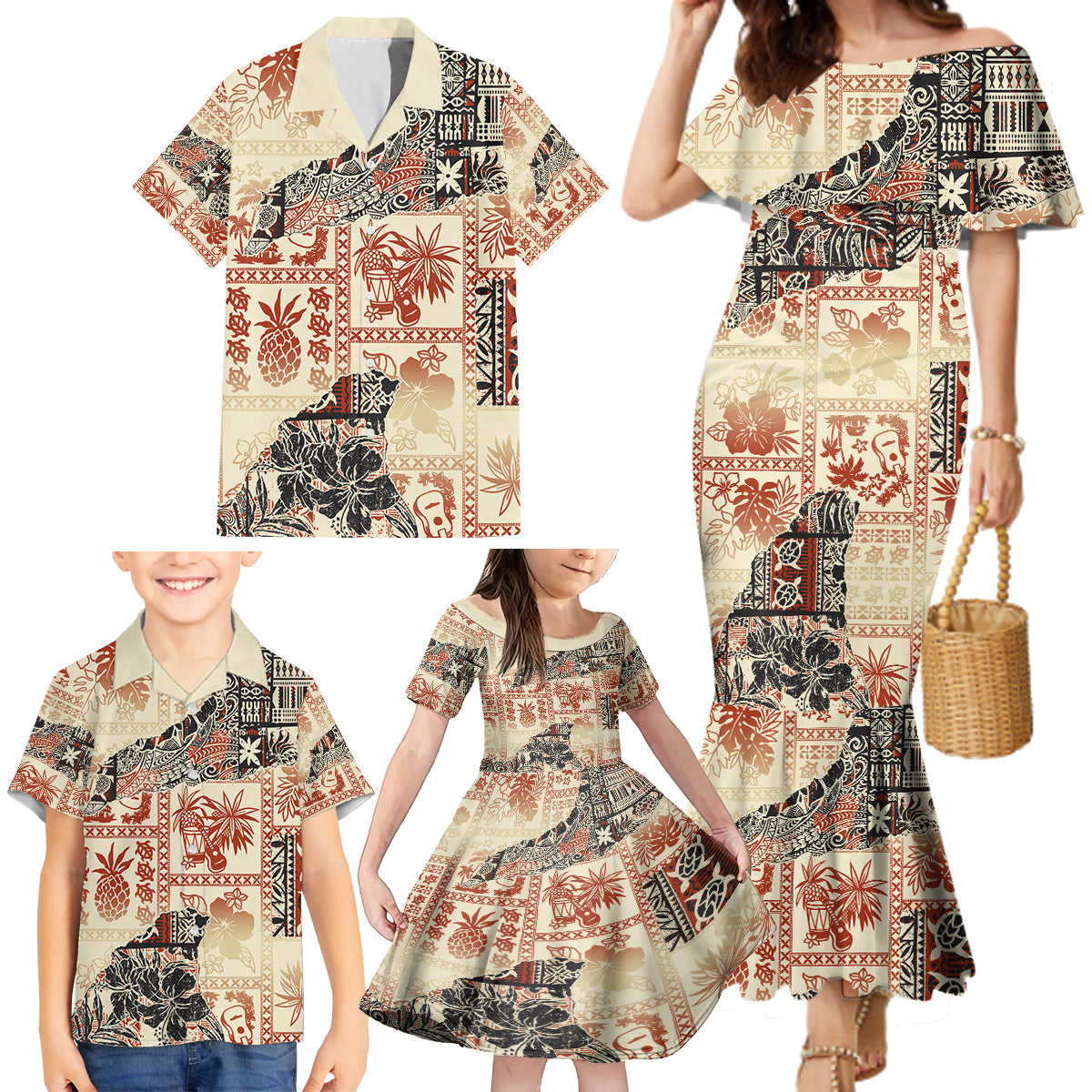 Hawaii Family Matching Mermaid Dress and Hawaiian Shirt Aloha Tribal Pattern Beige Version LT9 - Polynesian Pride