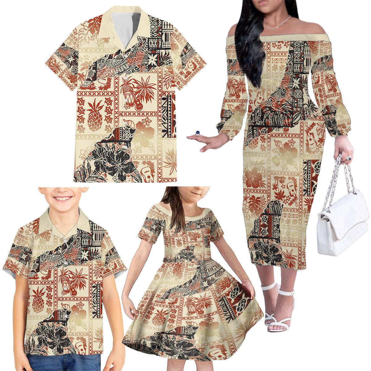 Hawaii Family Matching Off Shoulder Long Sleeve Dress and Hawaiian Shirt Aloha Tribal Pattern Beige Version LT9 - Polynesian Pride