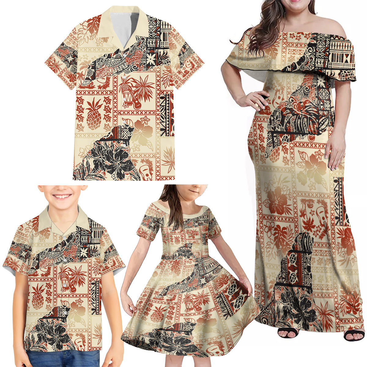 Hawaii Family Matching Off Shoulder Maxi Dress and Hawaiian Shirt Aloha Tribal Pattern Beige Version LT9 - Polynesian Pride