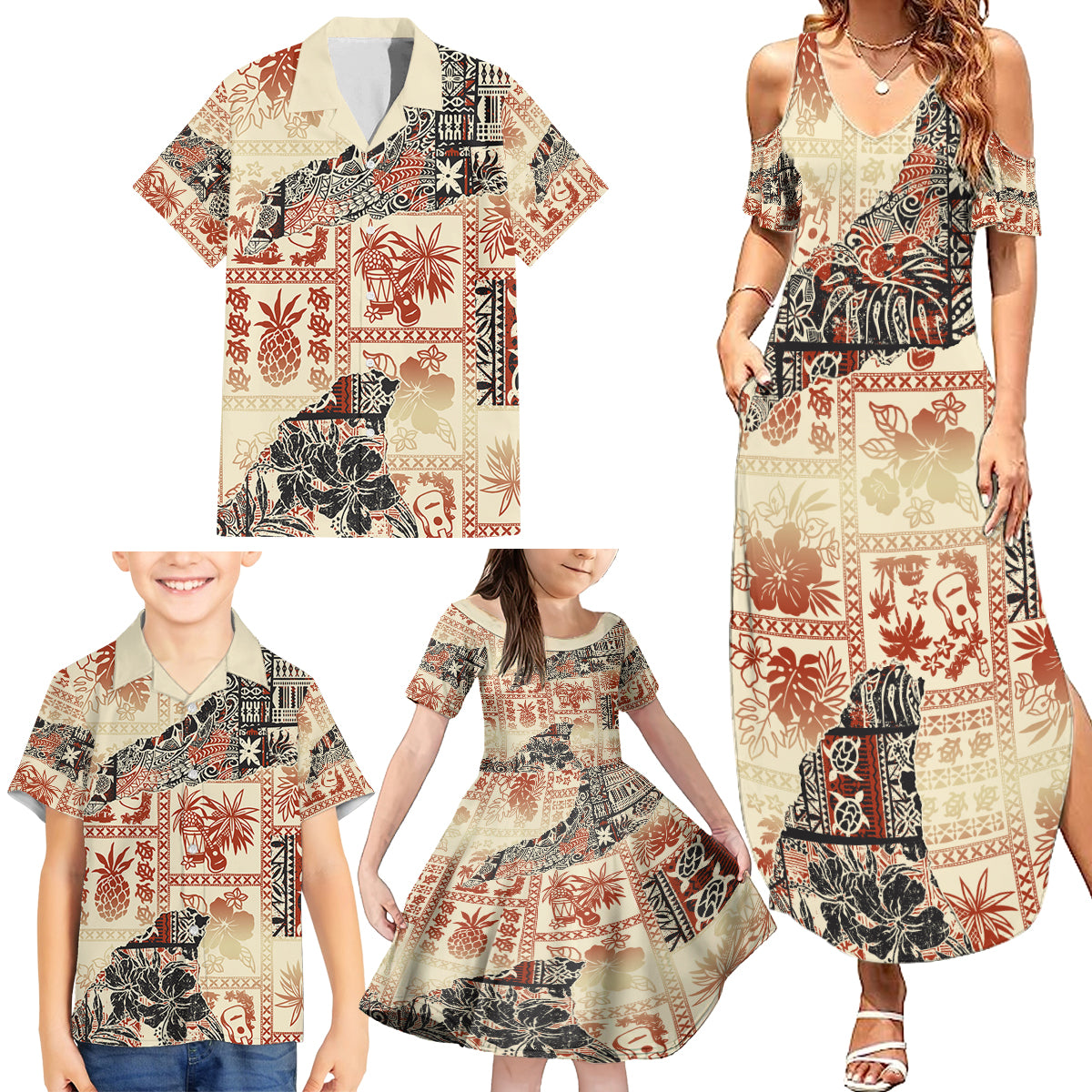 Hawaii Family Matching Summer Maxi Dress and Hawaiian Shirt Aloha Tribal Pattern Beige Version LT9 - Polynesian Pride