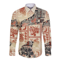 Hawaii Long Sleeve Button Shirt Aloha Tribal Pattern Beige Version LT9 Unisex Beige - Polynesian Pride