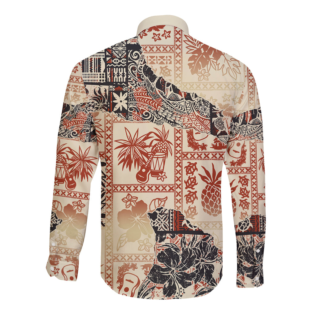 Hawaii Long Sleeve Button Shirt Aloha Tribal Pattern Beige Version LT9 - Polynesian Pride