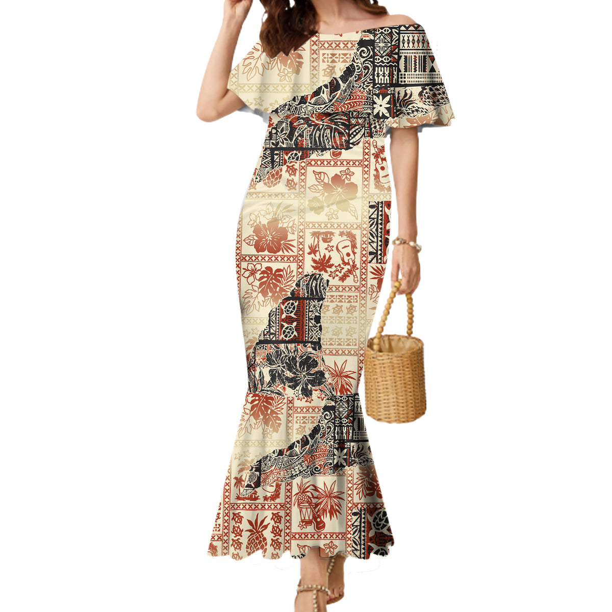 Hawaii Mermaid Dress Aloha Tribal Pattern Beige Version LT9 Women Beige - Polynesian Pride