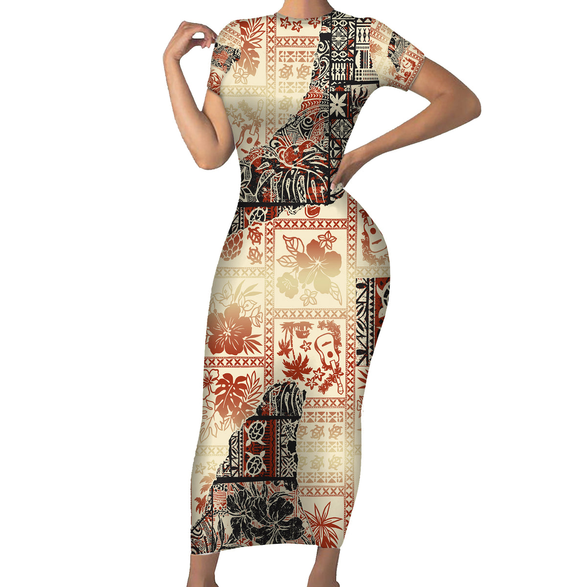 Hawaii Short Sleeve Bodycon Dress Aloha Tribal Pattern Beige Version LT9 Long Dress Beige - Polynesian Pride