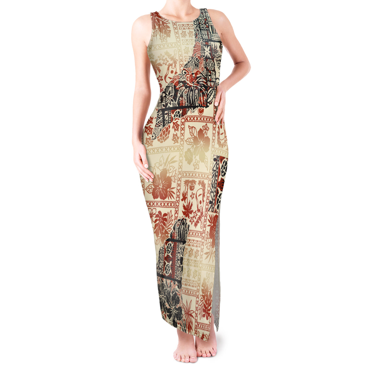 Hawaii Tank Maxi Dress Aloha Tribal Pattern Beige Version LT9 Women Beige - Polynesian Pride