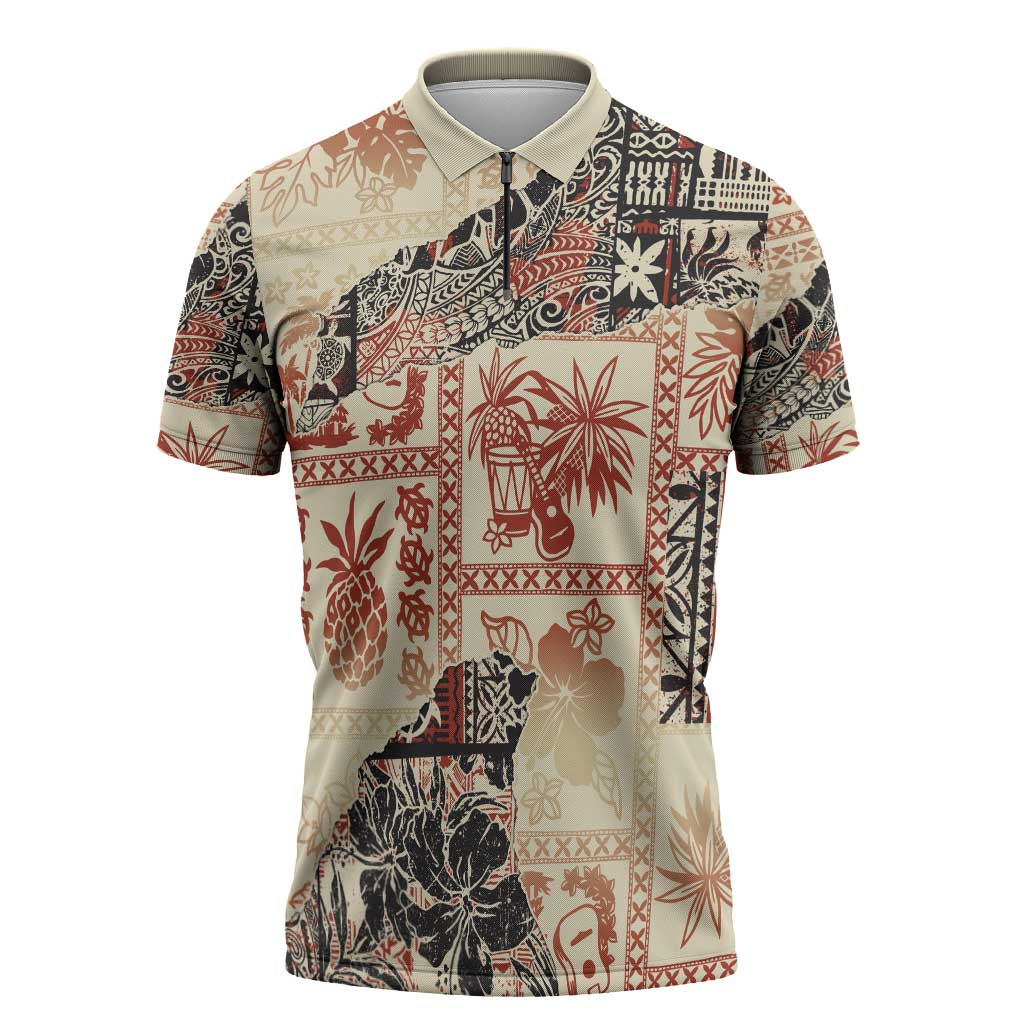 Hawaii Beige Version Zipper Polo Shirt Aloha Tribal Pattern - Polynesian Pride