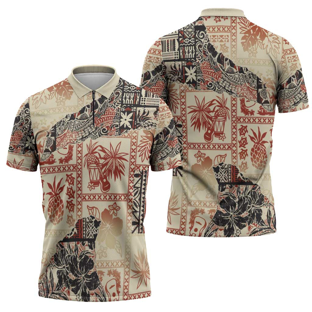 Hawaii Beige Version Zipper Polo Shirt Aloha Tribal Pattern - Polynesian Pride