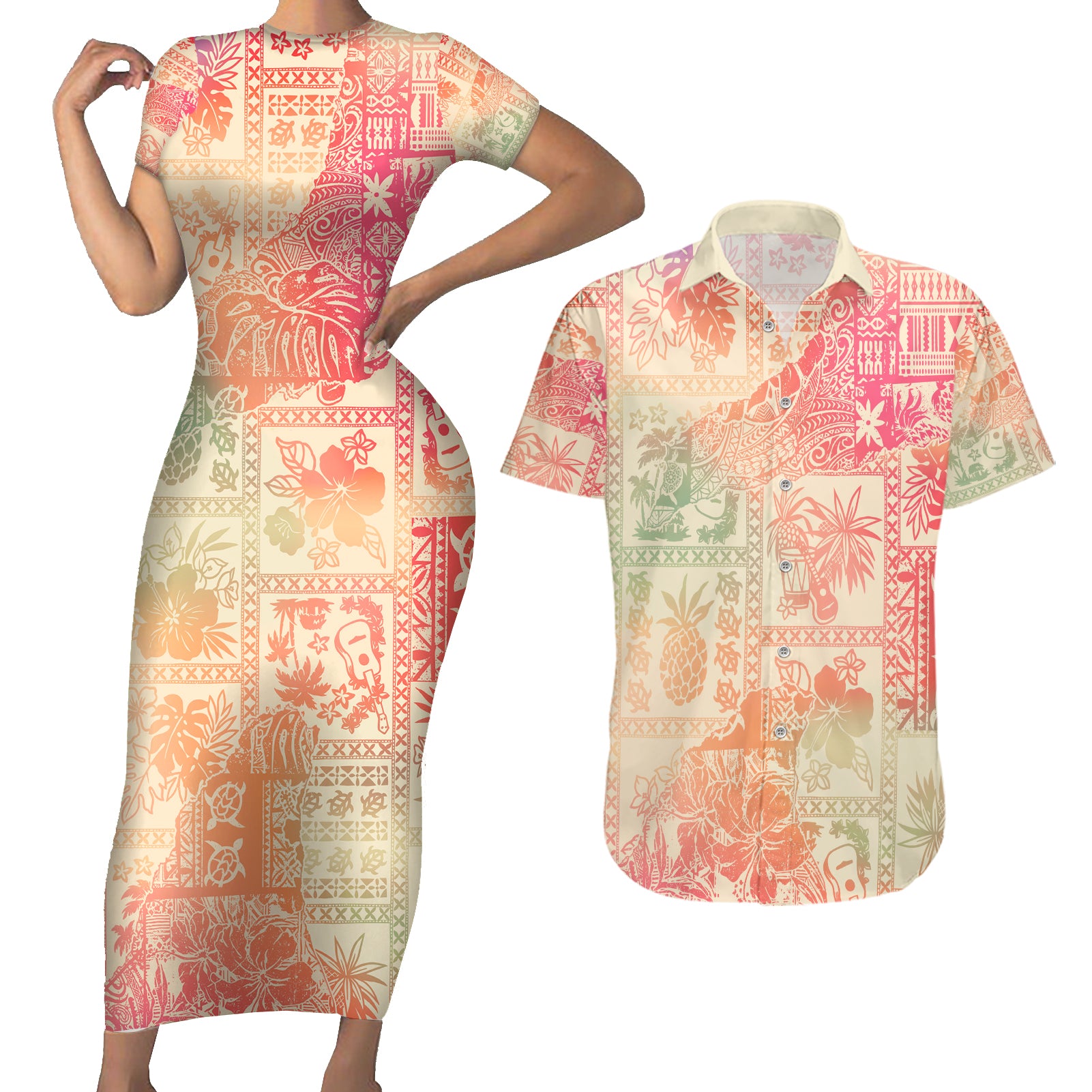 Hawaii Couples Matching Short Sleeve Bodycon Dress and Hawaiian Shirt Aloha Tribal Pattern Sweat Pink Ombre LT9 Pink - Polynesian Pride