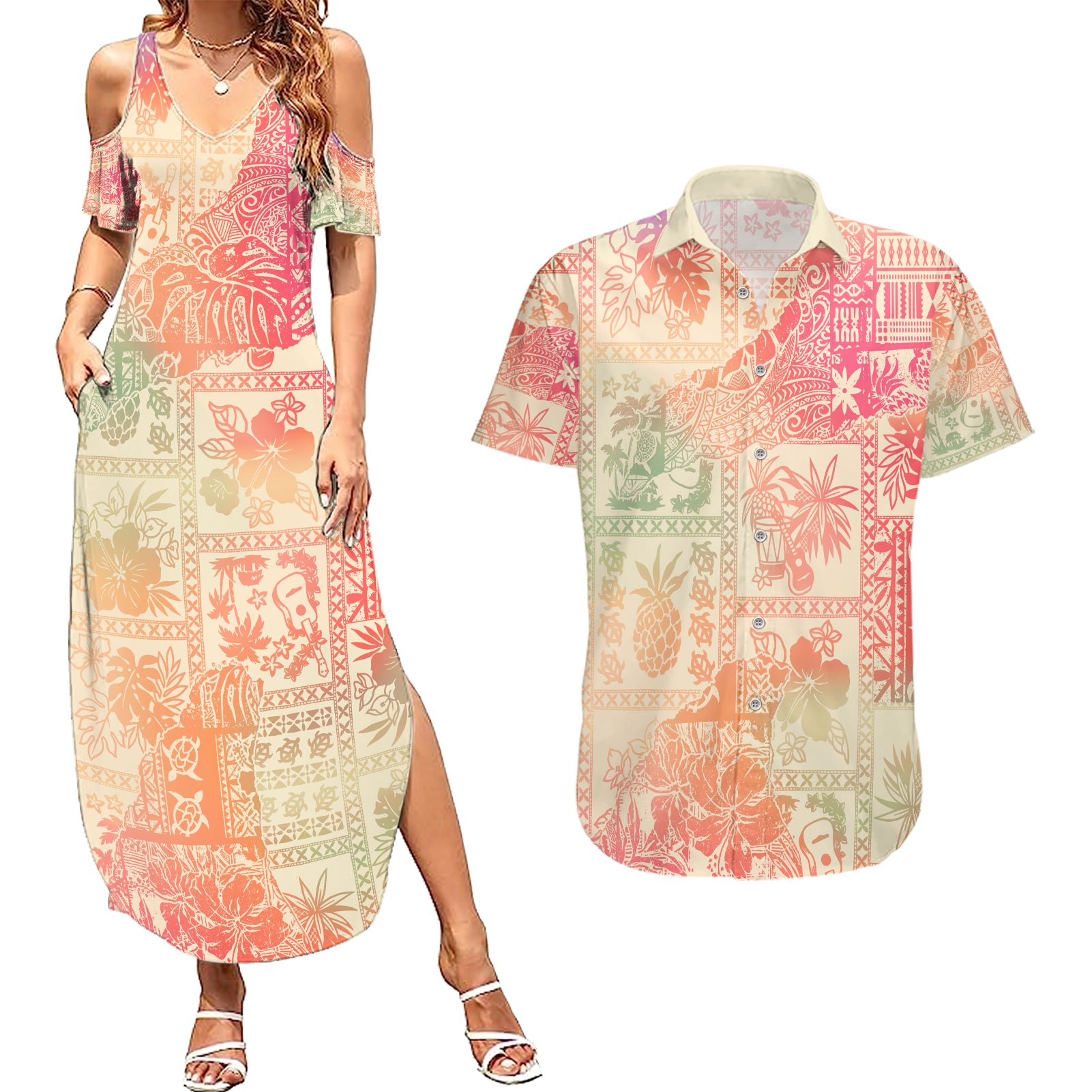 Hawaii Couples Matching Summer Maxi Dress and Hawaiian Shirt Aloha Tribal Pattern Sweat Pink Ombre LT9 Pink - Polynesian Pride