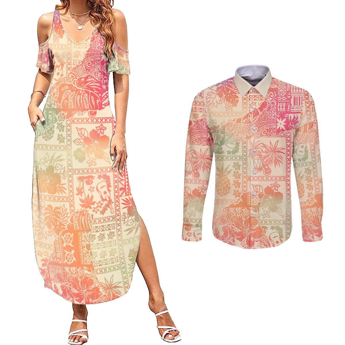 Hawaii Couples Matching Summer Maxi Dress and Long Sleeve Button Shirt Aloha Tribal Pattern Sweat Pink Ombre LT9 Pink - Polynesian Pride