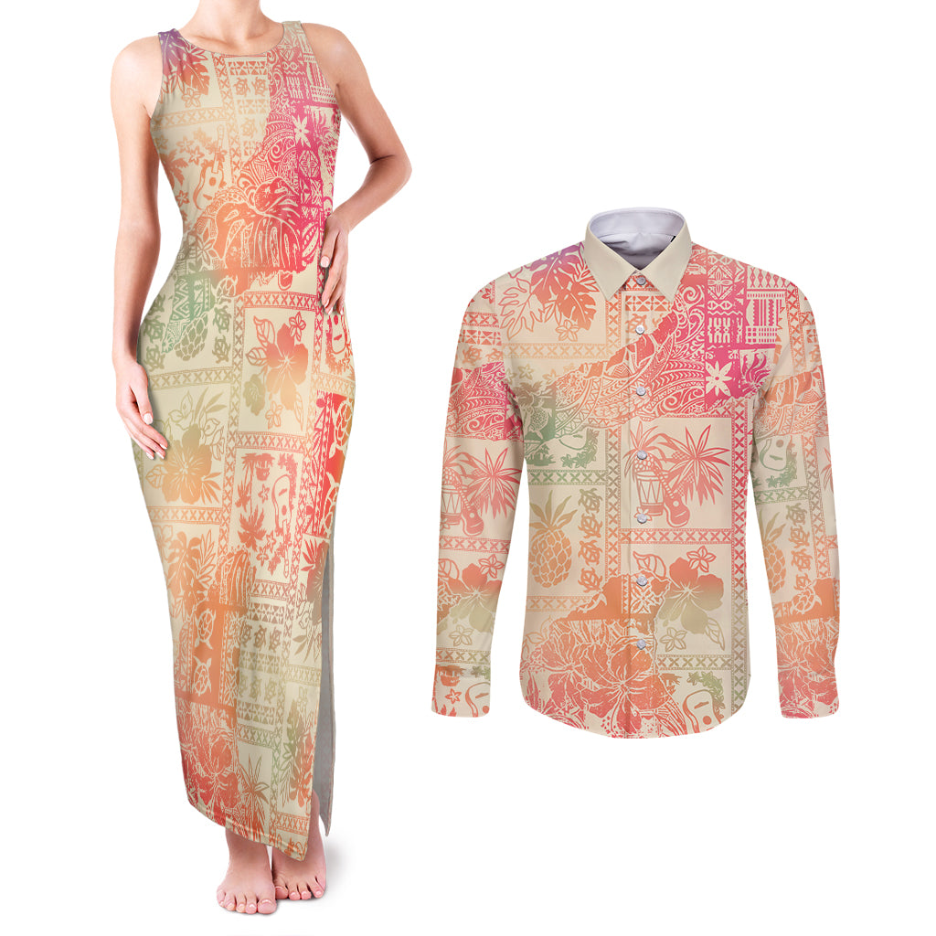 Hawaii Couples Matching Tank Maxi Dress and Long Sleeve Button Shirt Aloha Tribal Pattern Sweat Pink Ombre LT9 Pink - Polynesian Pride