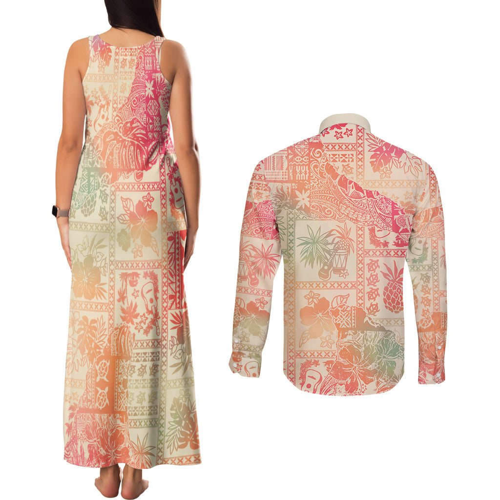 Hawaii Couples Matching Tank Maxi Dress and Long Sleeve Button Shirt Aloha Tribal Pattern Sweat Pink Ombre LT9 - Polynesian Pride