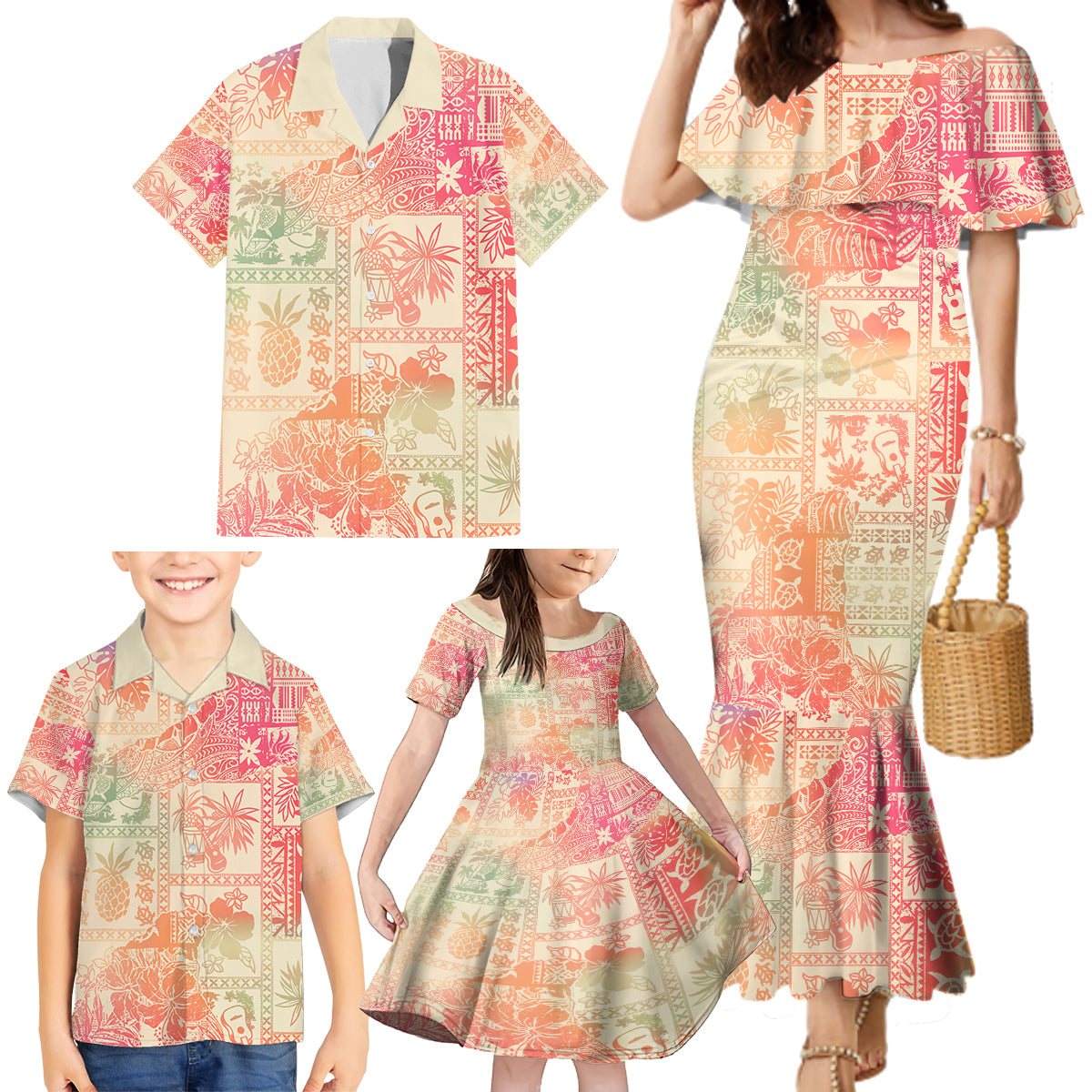 Hawaii Family Matching Mermaid Dress and Hawaiian Shirt Aloha Tribal Pattern Sweat Pink Ombre LT9 - Polynesian Pride