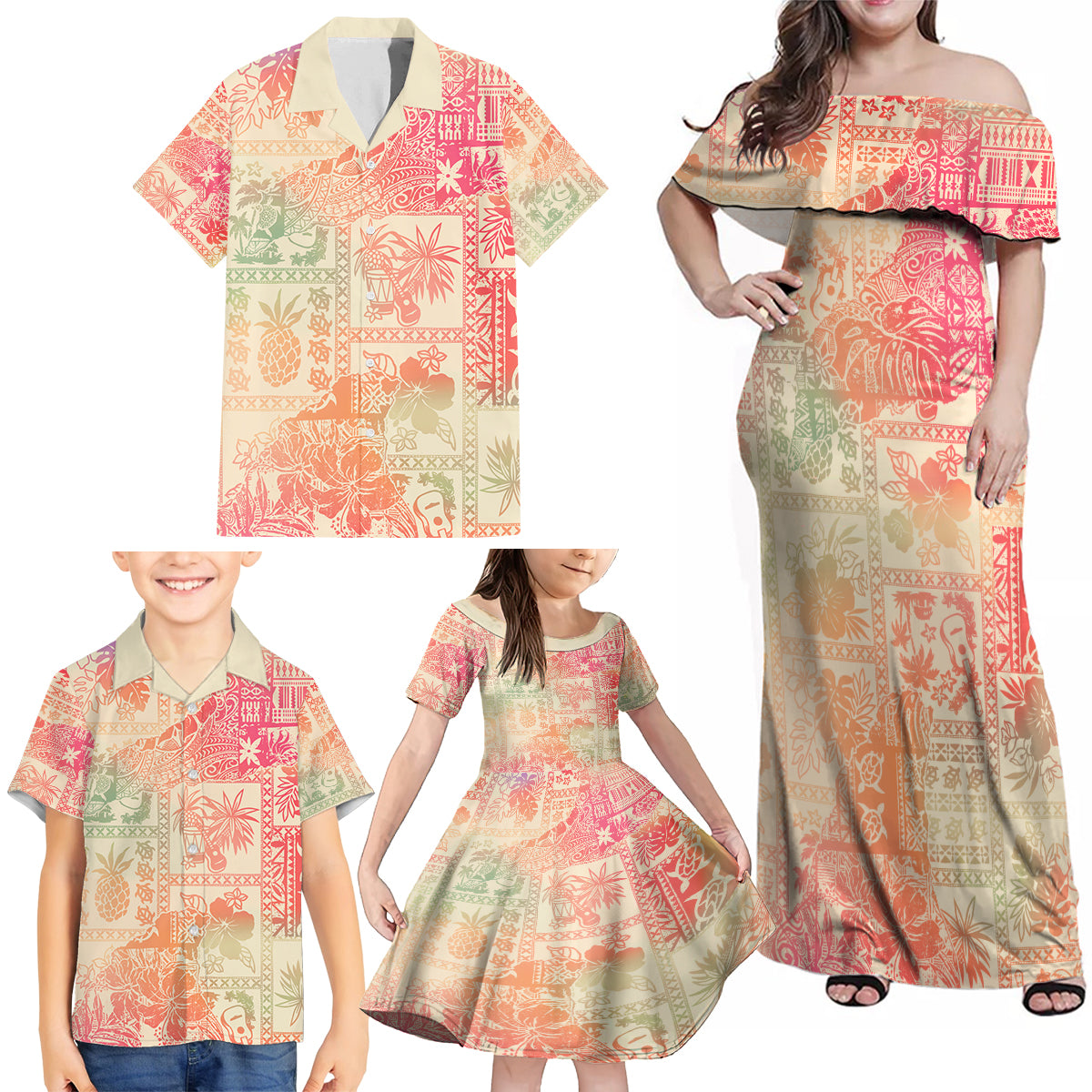 Hawaii Family Matching Off Shoulder Maxi Dress and Hawaiian Shirt Aloha Tribal Pattern Sweat Pink Ombre LT9 - Polynesian Pride