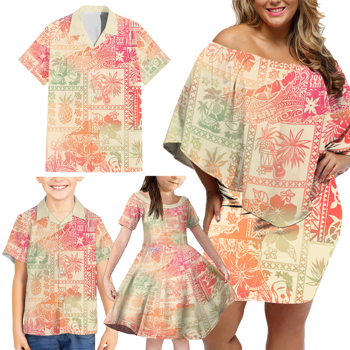 Hawaii Family Matching Off Shoulder Short Dress and Hawaiian Shirt Aloha Tribal Pattern Sweat Pink Ombre LT9 - Polynesian Pride