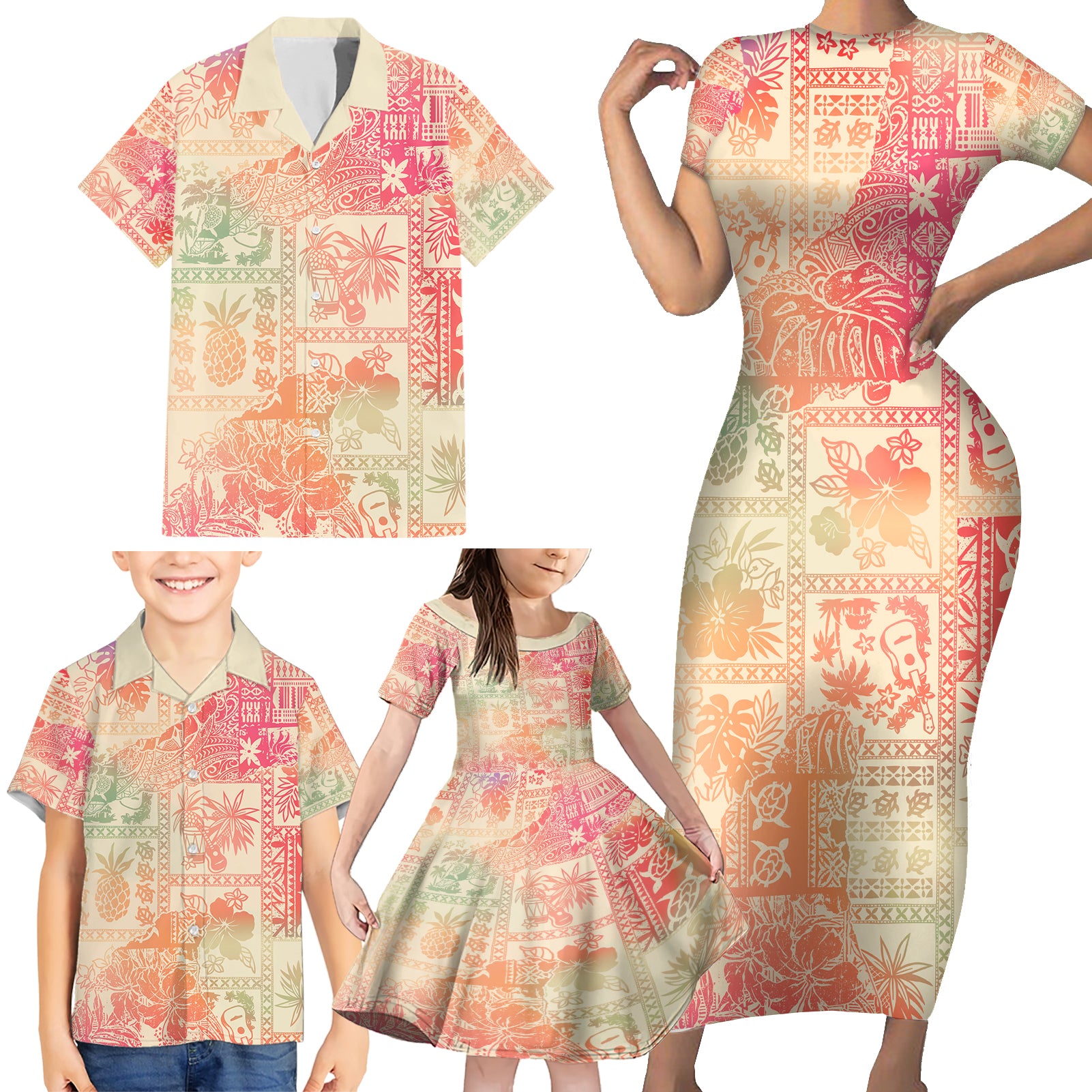 Hawaii Family Matching Short Sleeve Bodycon Dress and Hawaiian Shirt Aloha Tribal Pattern Sweat Pink Ombre LT9 - Polynesian Pride