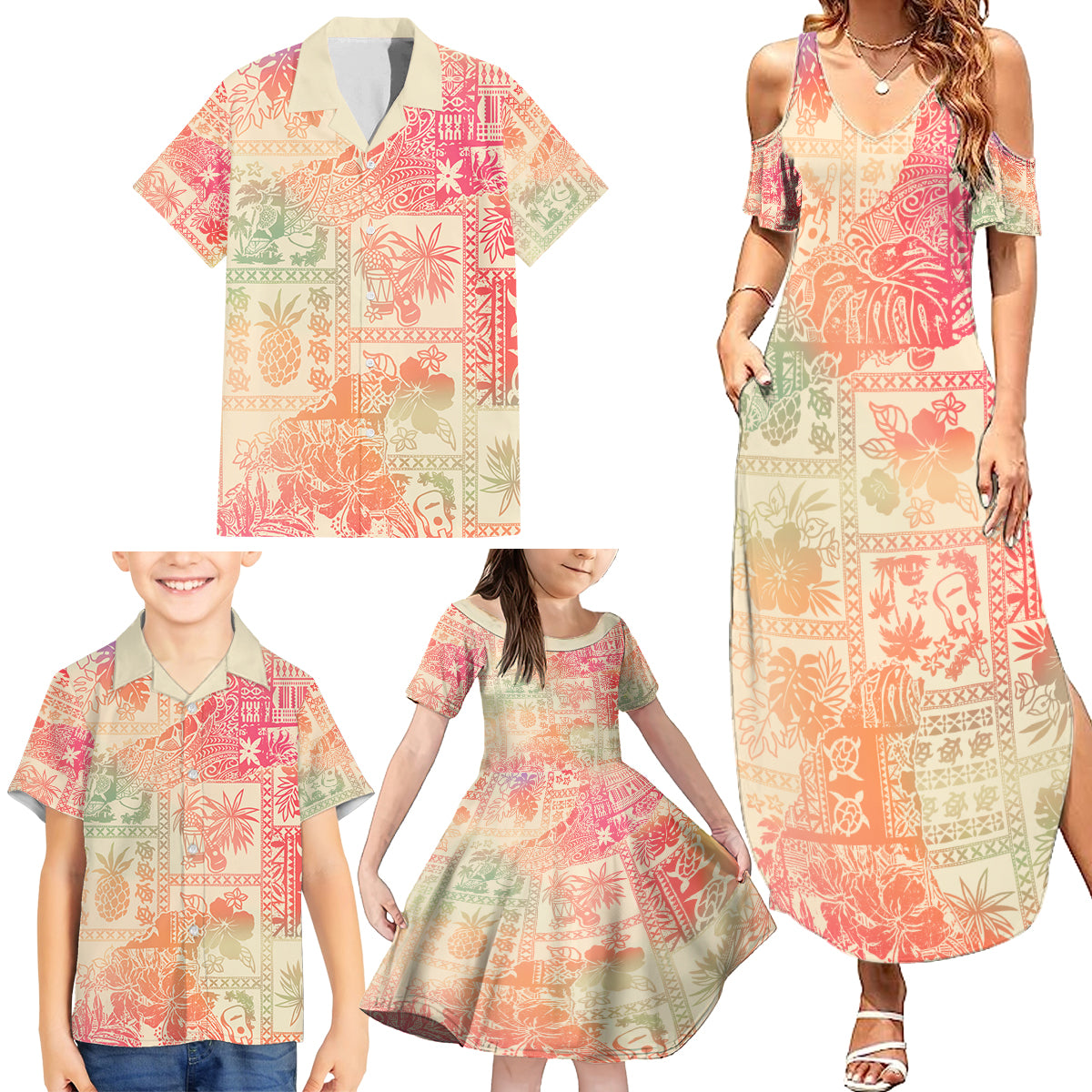 Hawaii Family Matching Summer Maxi Dress and Hawaiian Shirt Aloha Tribal Pattern Sweat Pink Ombre LT9 - Polynesian Pride