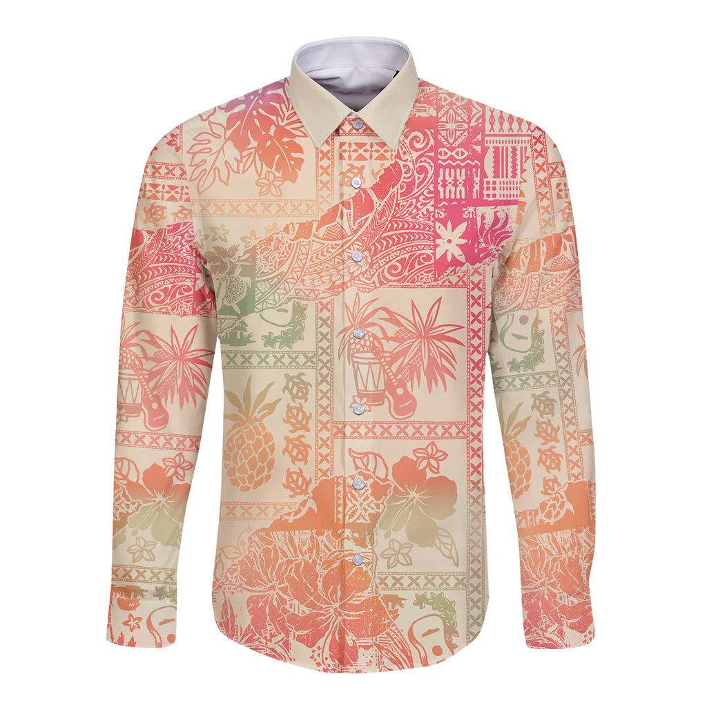 Hawaii Long Sleeve Button Shirt Aloha Tribal Pattern Sweat Pink Ombre LT9 Unisex Pink - Polynesian Pride