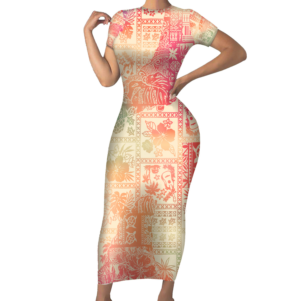 Hawaii Short Sleeve Bodycon Dress Aloha Tribal Pattern Sweat Pink Ombre LT9 Long Dress Pink - Polynesian Pride