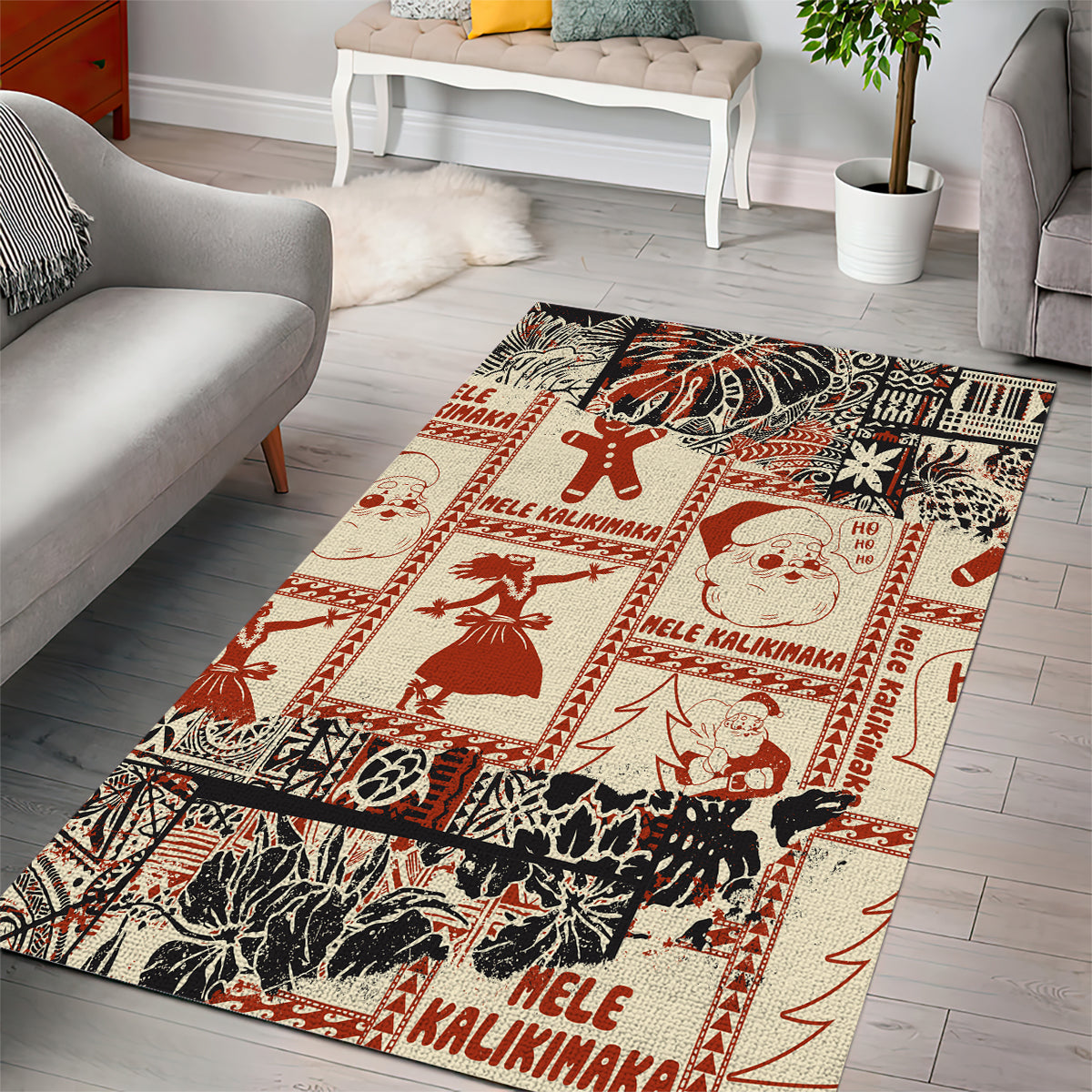 Aloha Hawaii Christmas Area Rug Mele Kalikimaka Tapa Tribal Retro Style LT9 - Polynesian Pride
