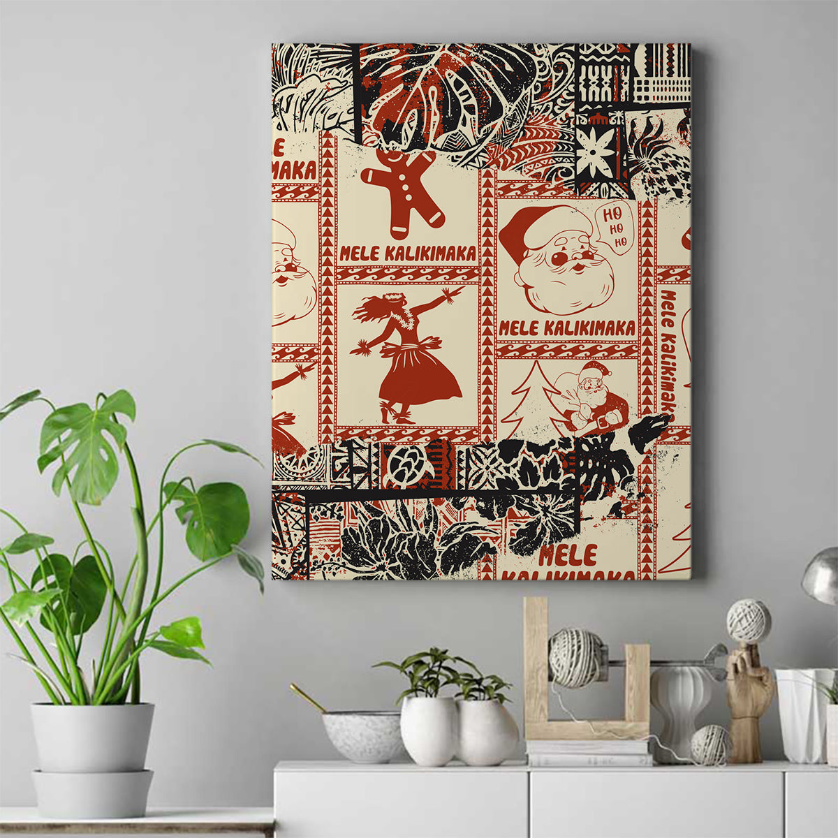 Aloha Hawaii Christmas Canvas Wall Art Mele Kalikimaka Tapa Tribal Retro Style LT9 Beige - Polynesian Pride