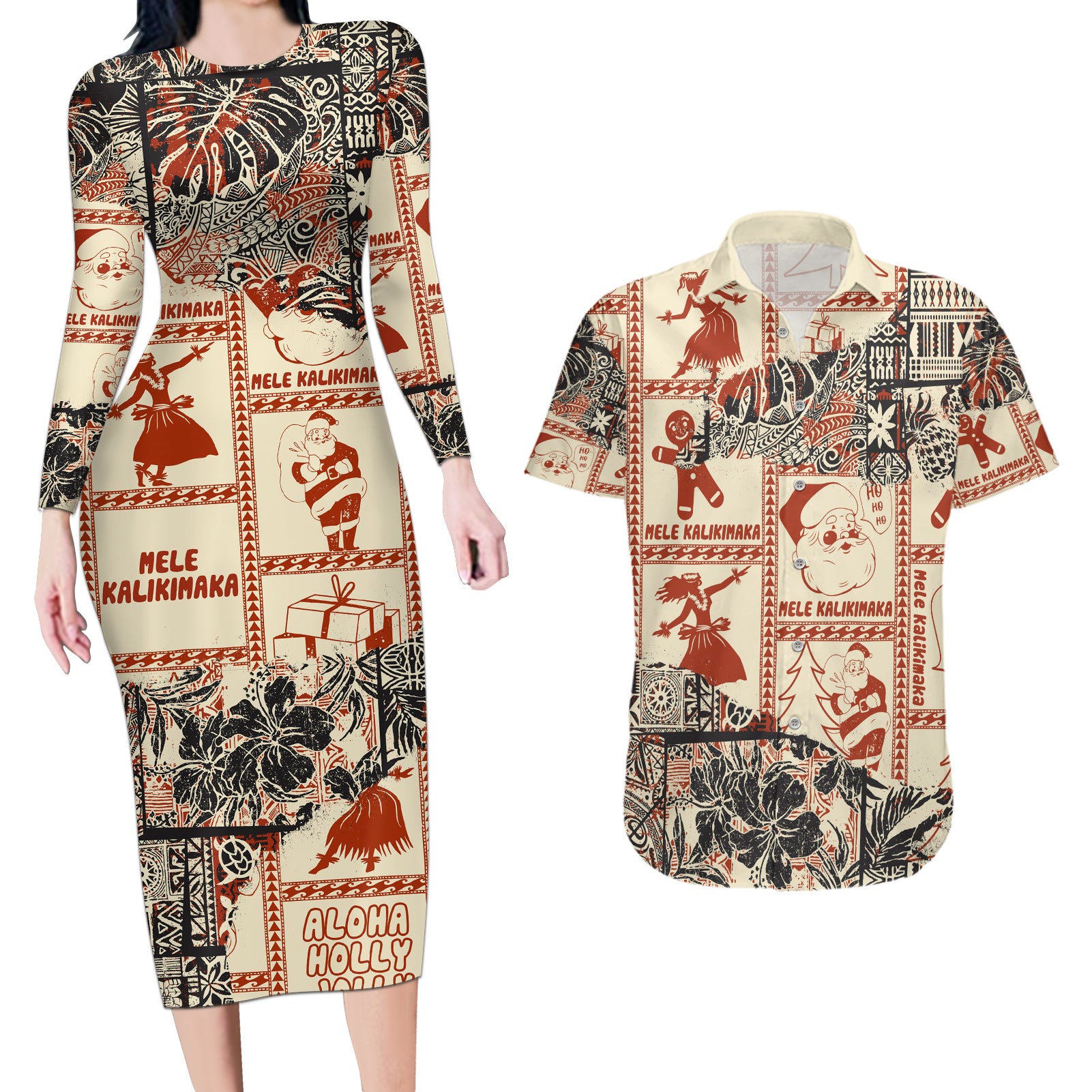 Aloha Hawaii Christmas Couples Matching Long Sleeve Bodycon Dress and Hawaiian Shirt Mele Kalikimaka Tapa Tribal Retro Style LT9 Beige - Polynesian Pride