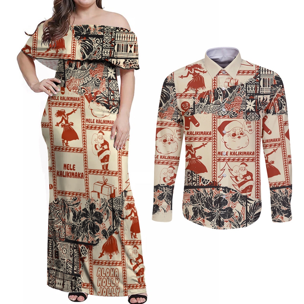 Aloha Hawaii Christmas Couples Matching Off Shoulder Maxi Dress and Long Sleeve Button Shirt Mele Kalikimaka Tapa Tribal Retro Style LT9 Beige - Polynesian Pride