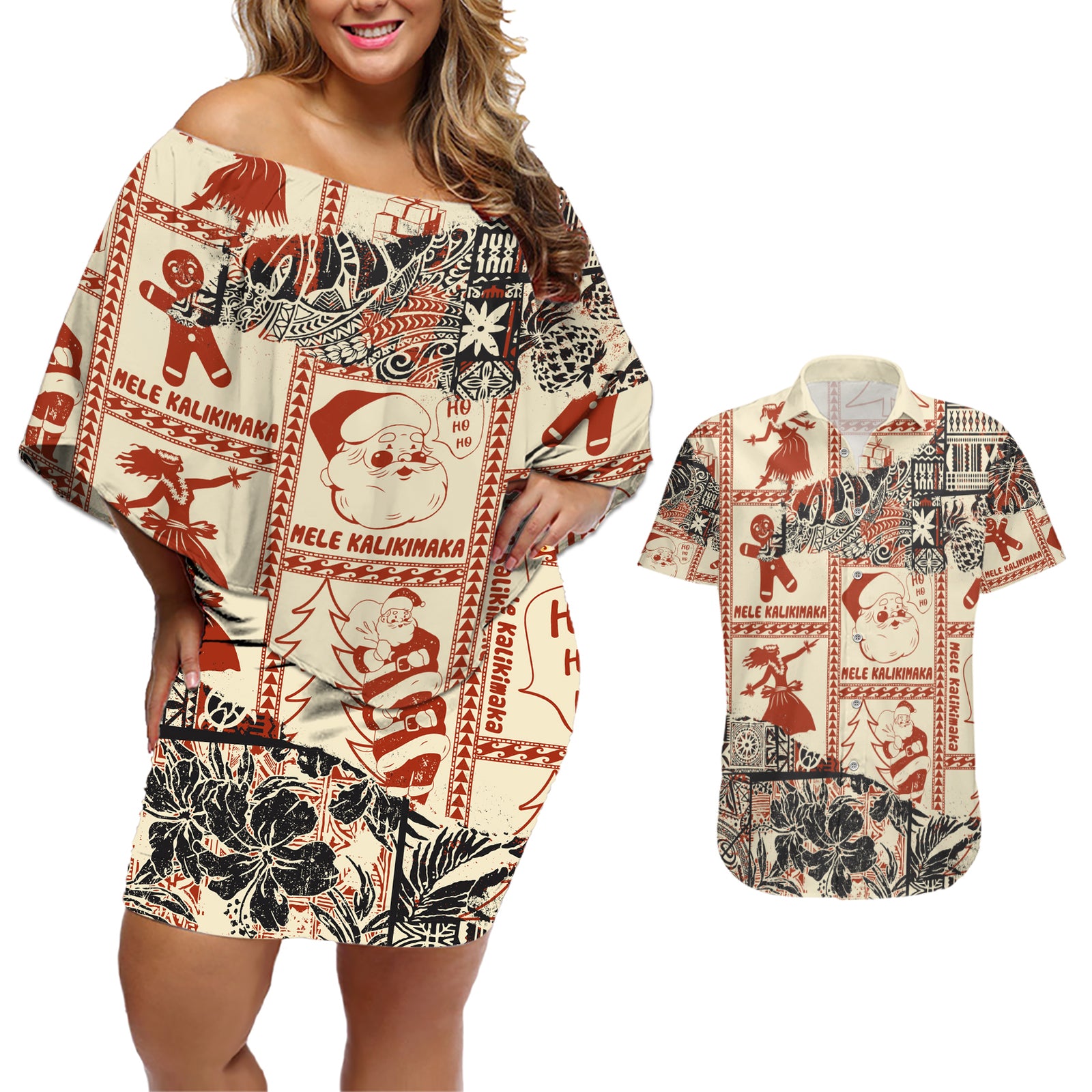 Aloha Hawaii Christmas Couples Matching Off Shoulder Short Dress and Hawaiian Shirt Mele Kalikimaka Tapa Tribal Retro Style LT9 Beige - Polynesian Pride