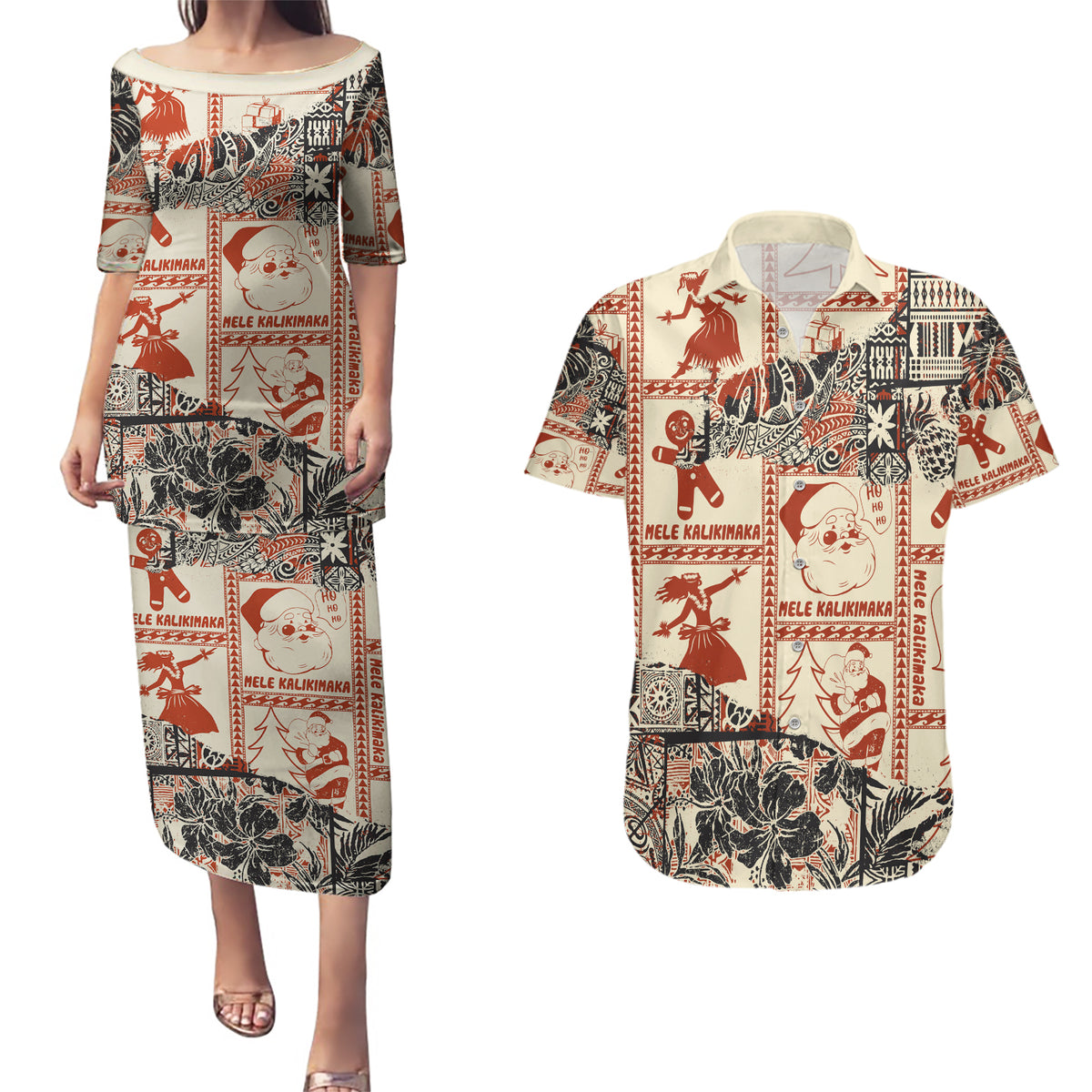 Aloha Hawaii Christmas Couples Matching Puletasi Dress and Hawaiian Shirt Mele Kalikimaka Tapa Tribal Retro Style LT9 Beige - Polynesian Pride