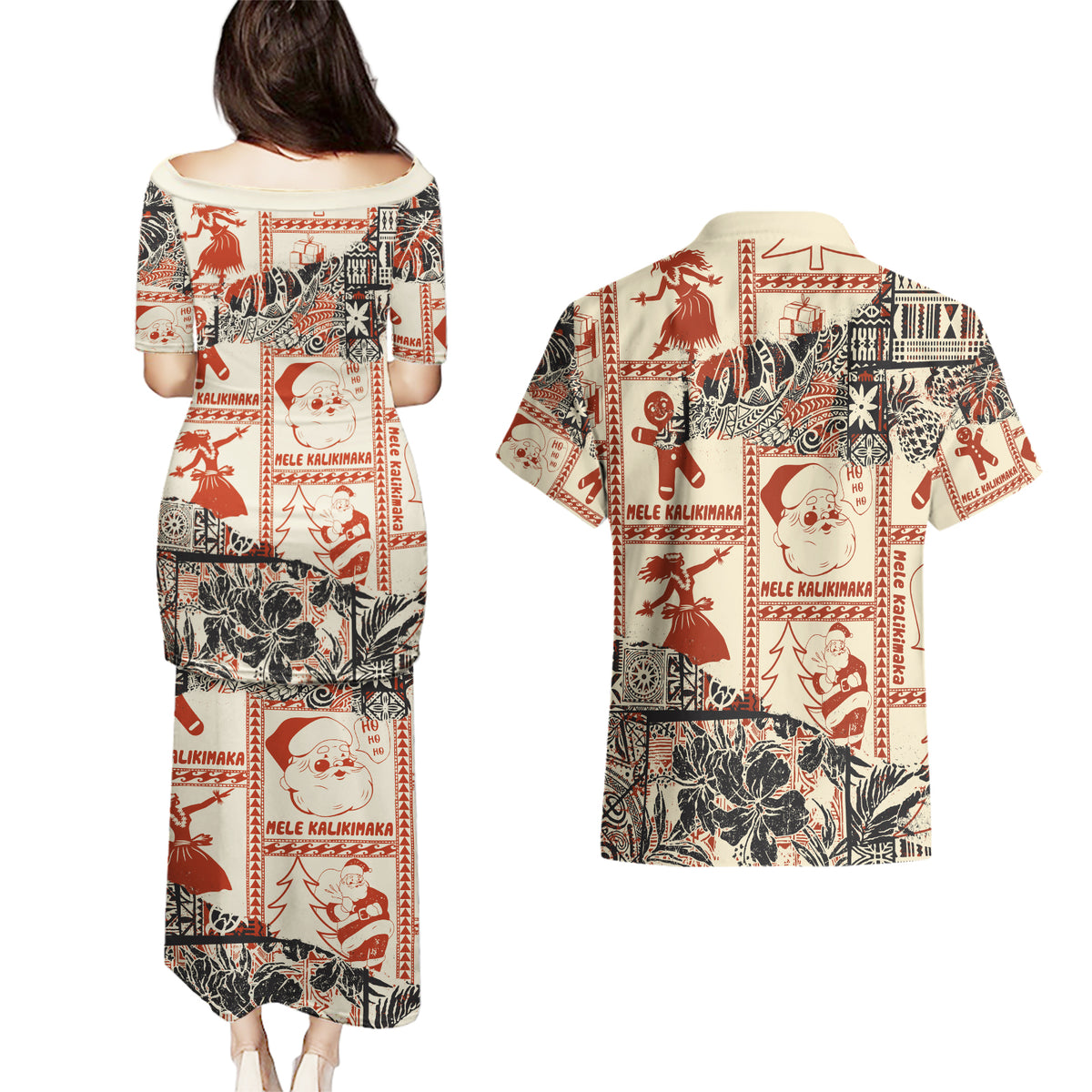 Aloha Hawaii Christmas Couples Matching Puletasi Dress and Hawaiian Shirt Mele Kalikimaka Tapa Tribal Retro Style LT9 - Polynesian Pride