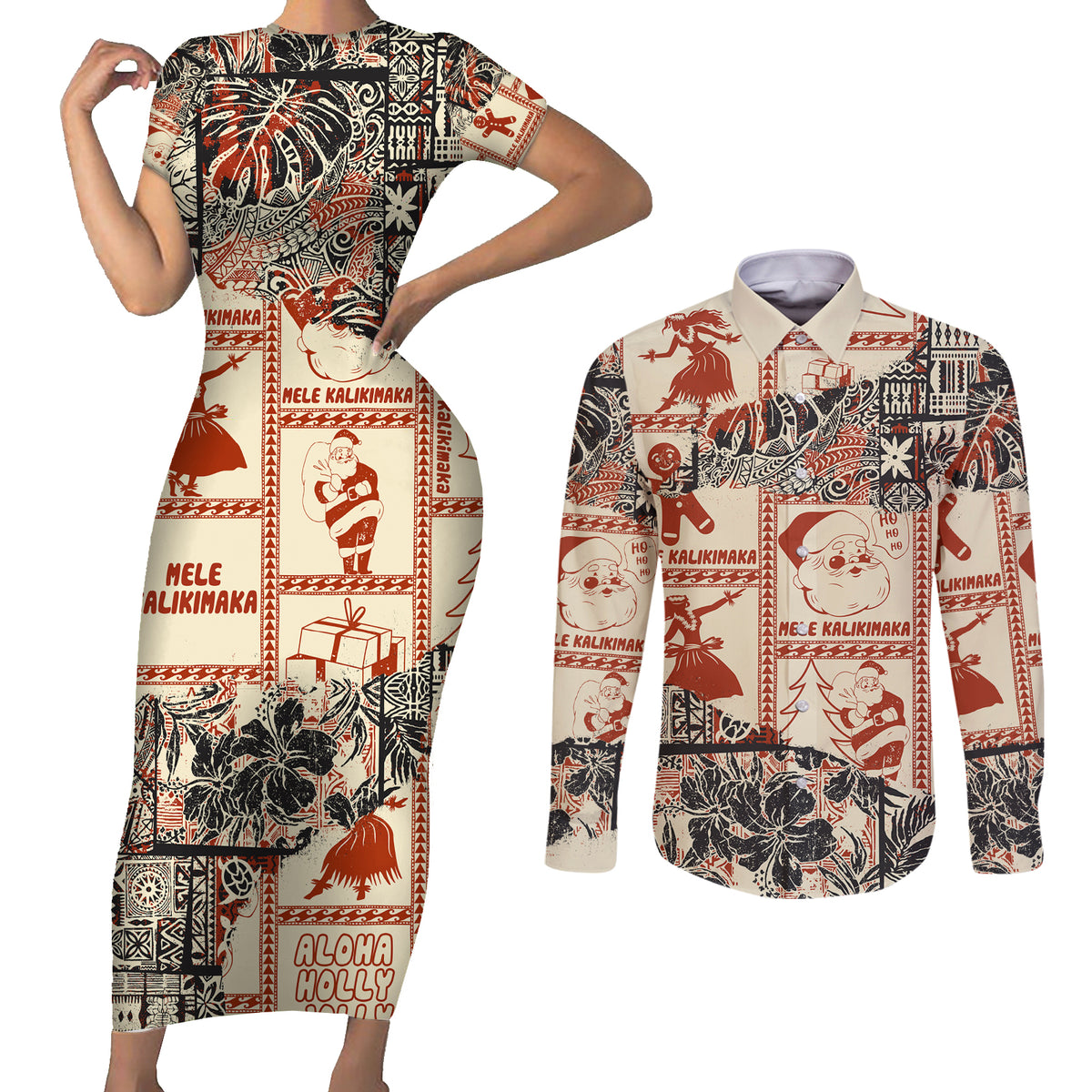Aloha Hawaii Christmas Couples Matching Short Sleeve Bodycon Dress and Long Sleeve Button Shirt Mele Kalikimaka Tapa Tribal Retro Style LT9 Beige - Polynesian Pride